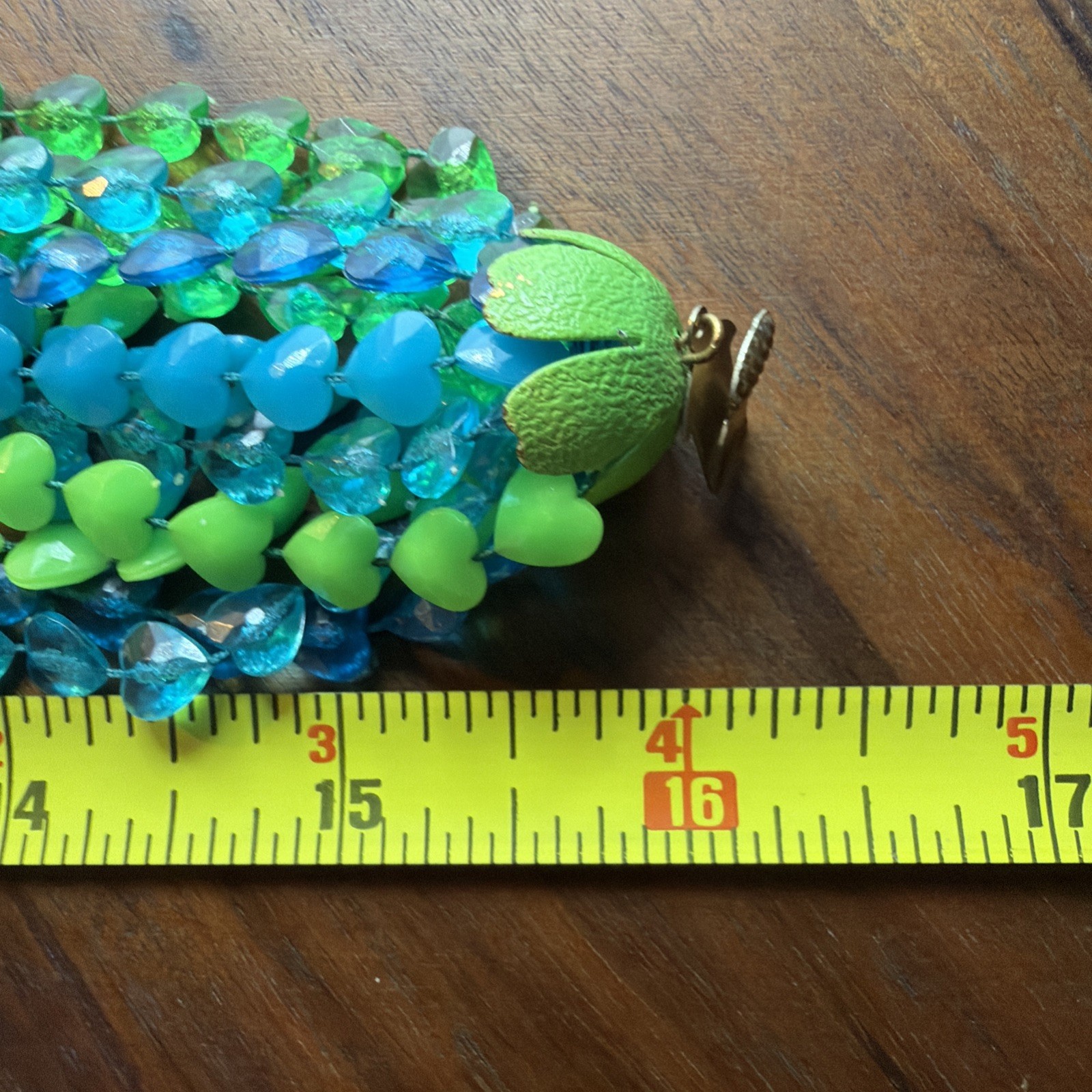 Vintage Multi Strand Hearts Necklace Acrylic Green & Blue Gold Toned Size 16”