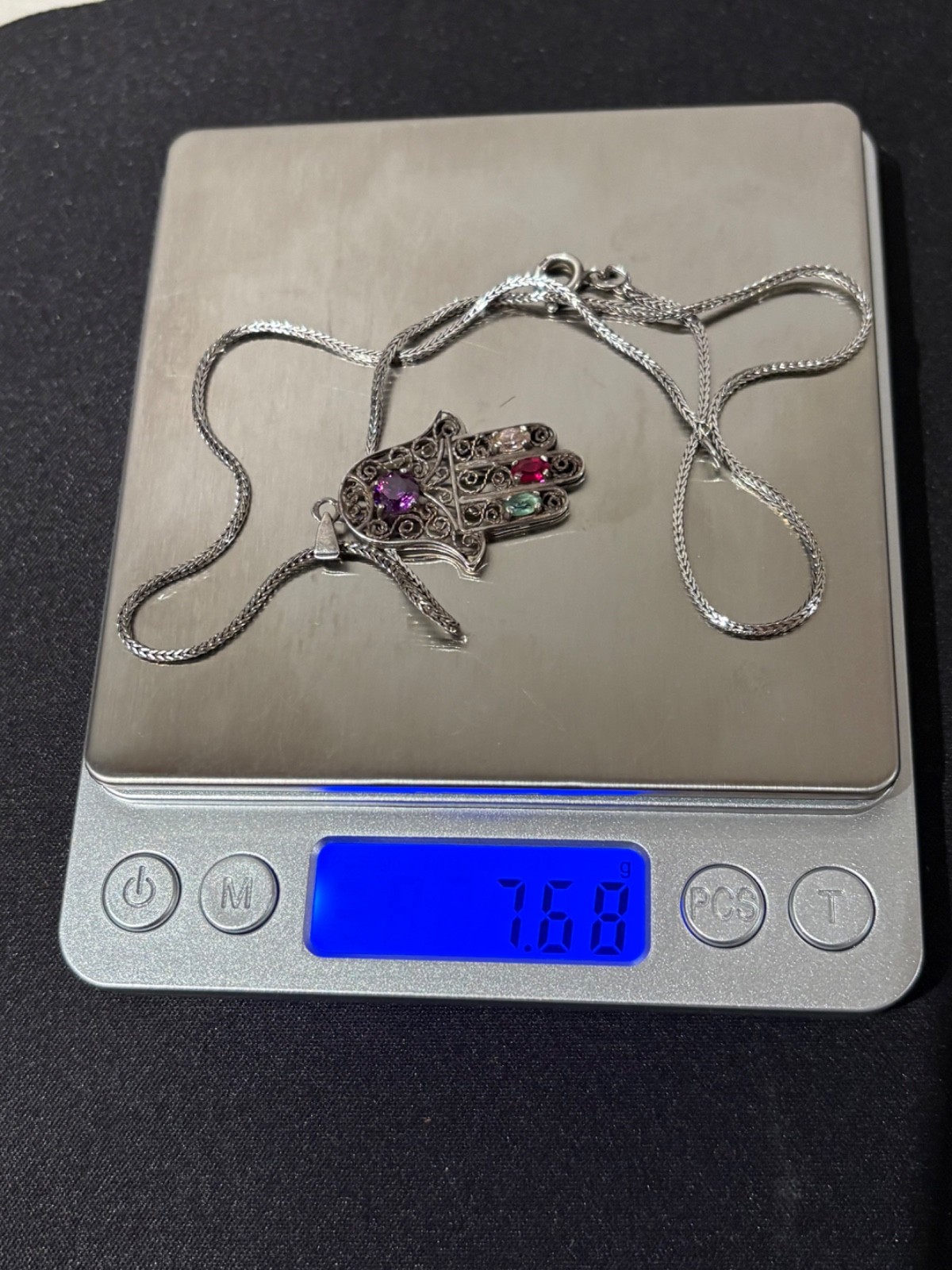 Vintage Italy 925 Sterling Silver Hamsa Hand Pendant Necklace 18” Multi Color St