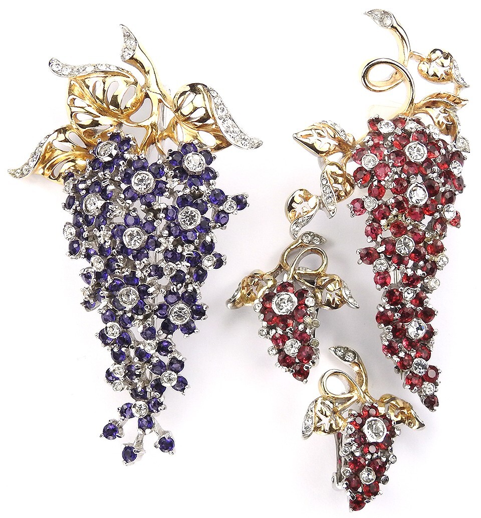 Reja Gold Pave Flowers Set 2 pins lg Amethyst sml Ruby Wisteria Pins, & Earrings