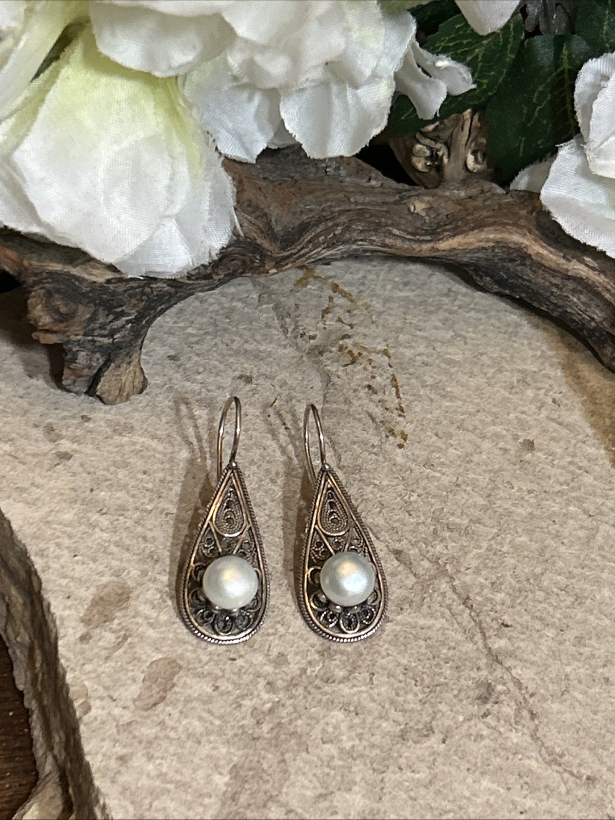 44. Vintage DGS 925 Sterling Pearl Filigree Teardrop Hook Earrings 40mm, 6.4g