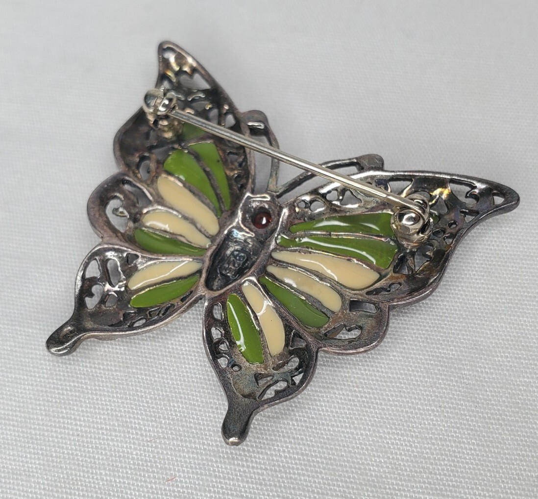 Vintage Sterling Silver Butterfly Brooch Green Yellow Enamel Wings Figural Pin