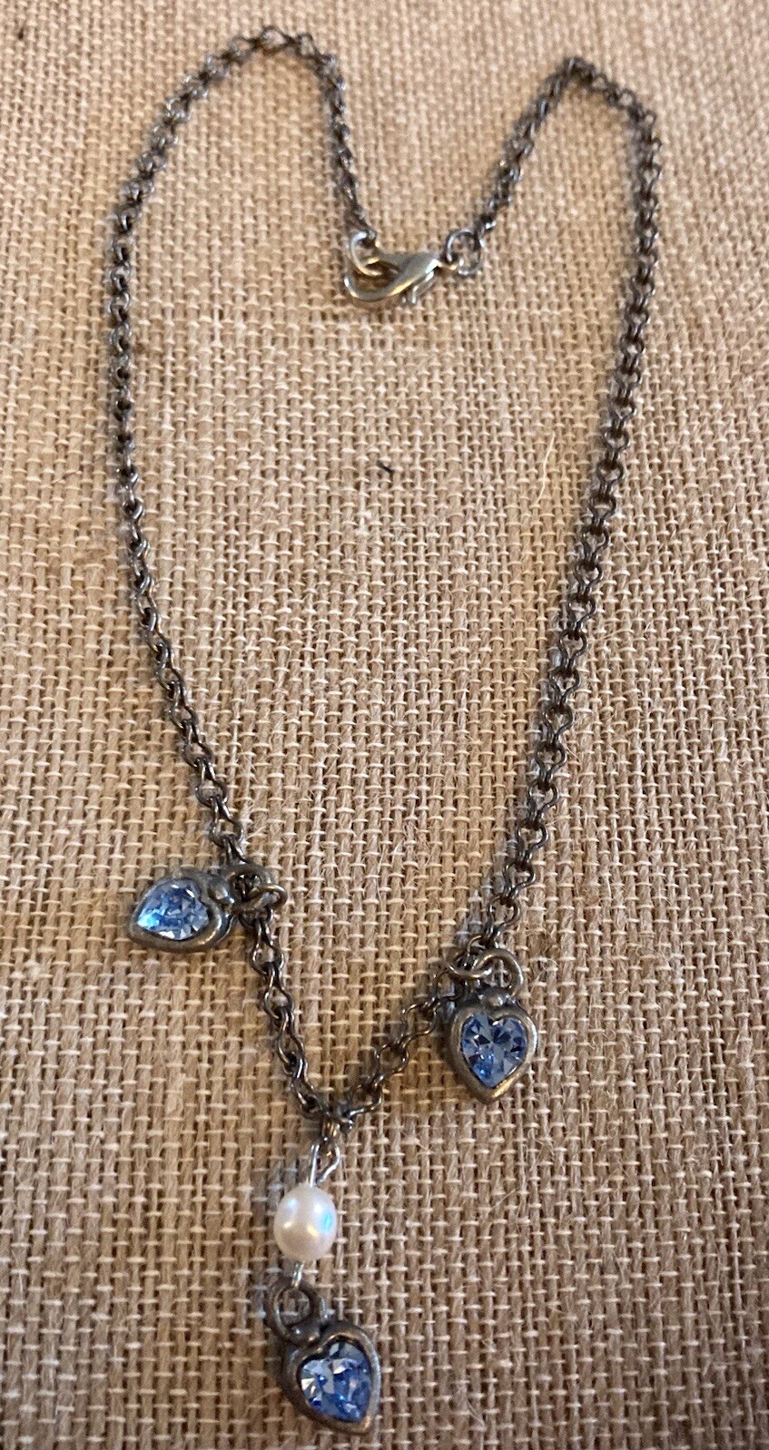 Vintg EH Elvin Hillestad Norway Necklace Crystal Hearts Pearl Charms Signed 15”