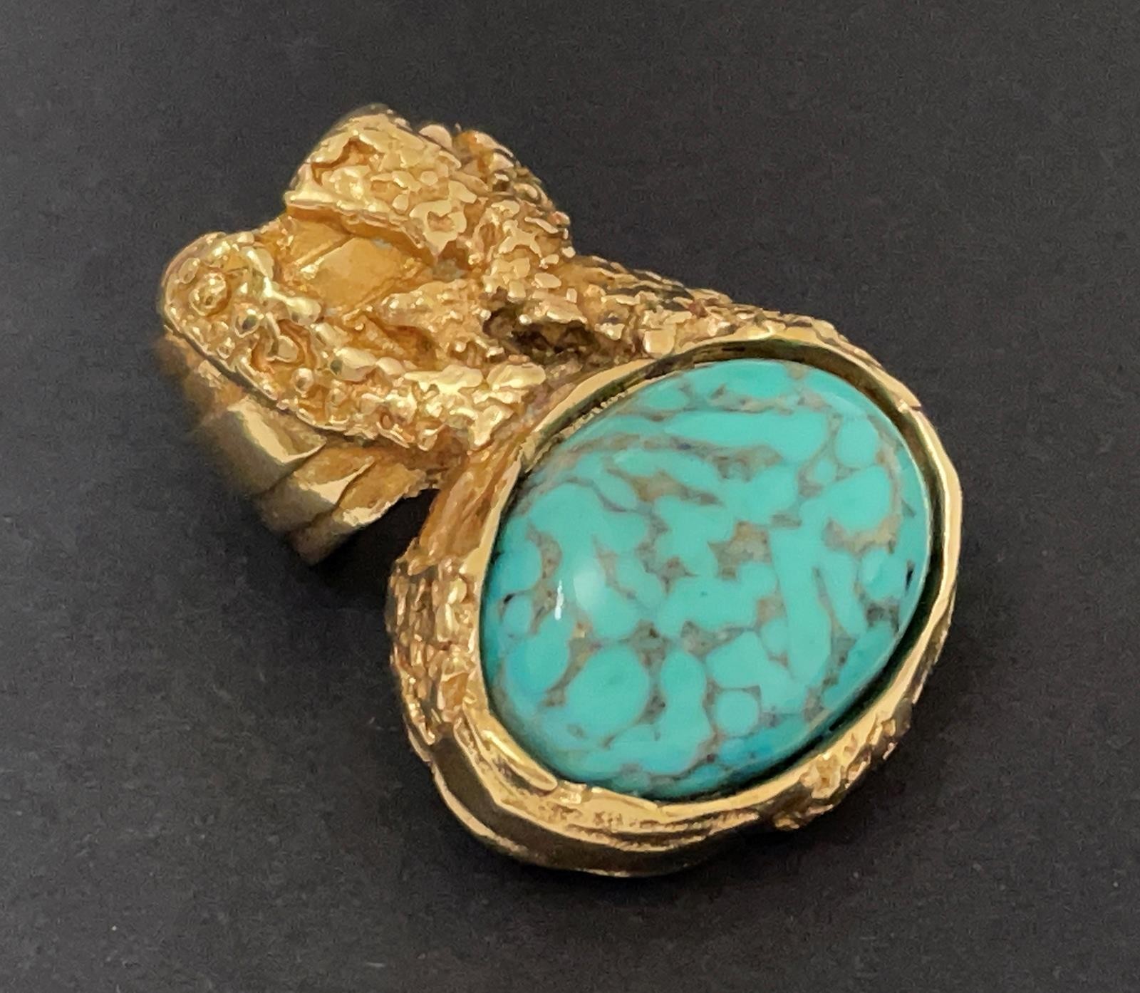 YVES SAINT LAURENT ARTY RING GOLD TONE TURQUOISE GLASS CABOCHON YSL SIZE 5