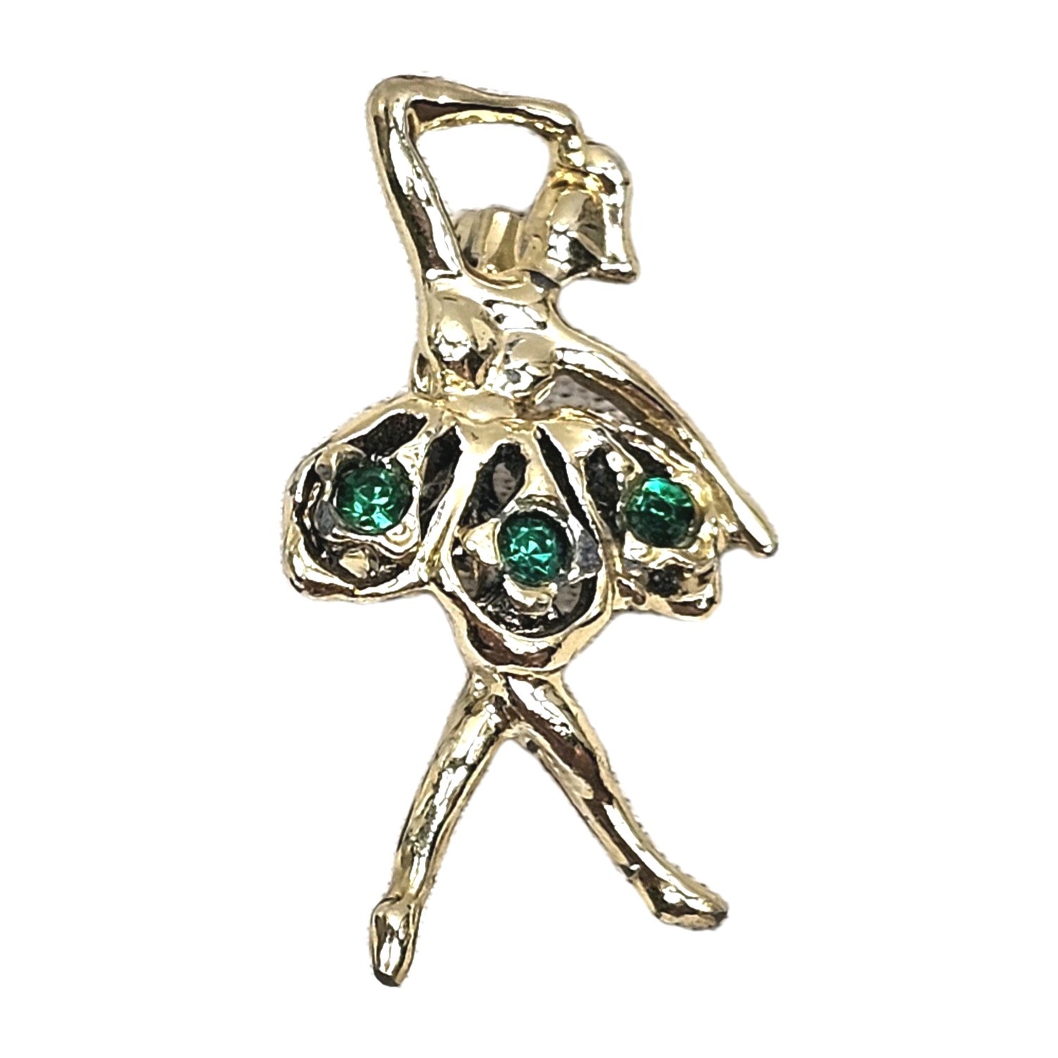 Vintage Gold Tone Green Rhinestone Ballerina Brooch 1 5/8″ Length