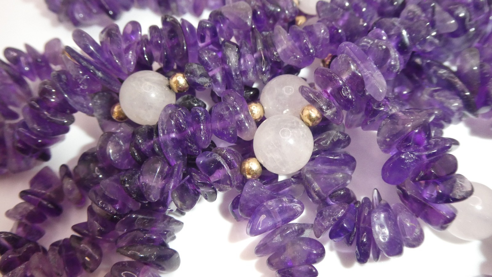 Amethyst Rose Quartz 10k Gold Spacer Beads 64” Opera Length Necklace Strand