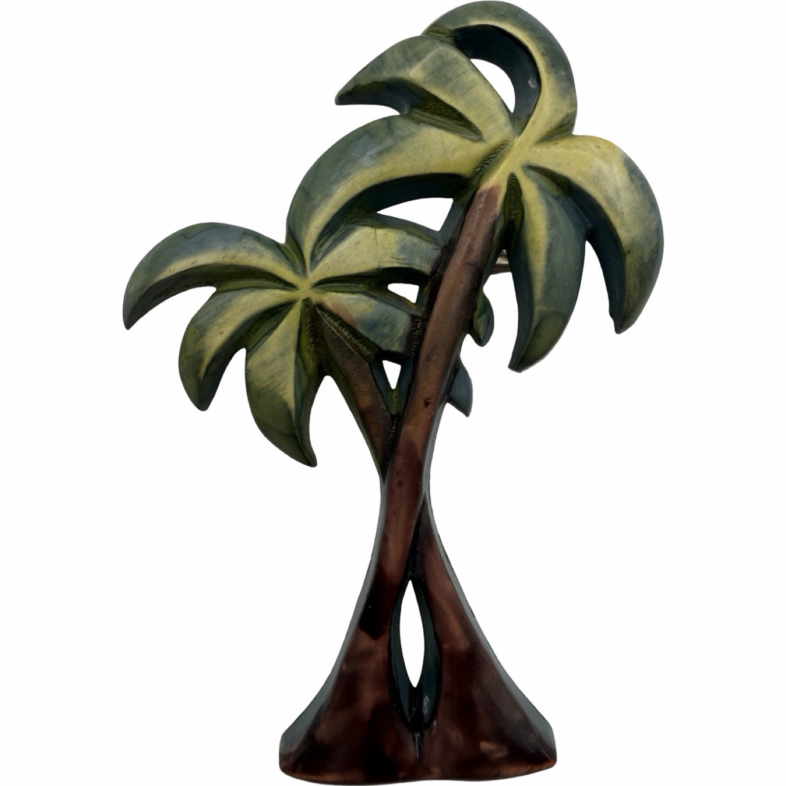 Vintage Celluloid Palm Tree Brooch Tropical Green Brown Figural Pin