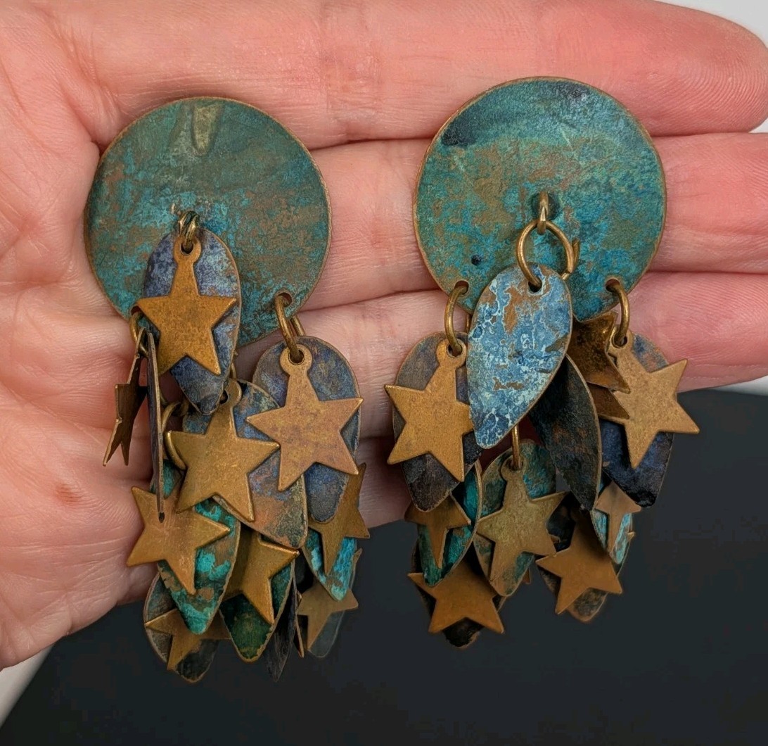 Large Vintage Artisan Verdigris Boho Brass Celestial Stars Dangle Earrings India