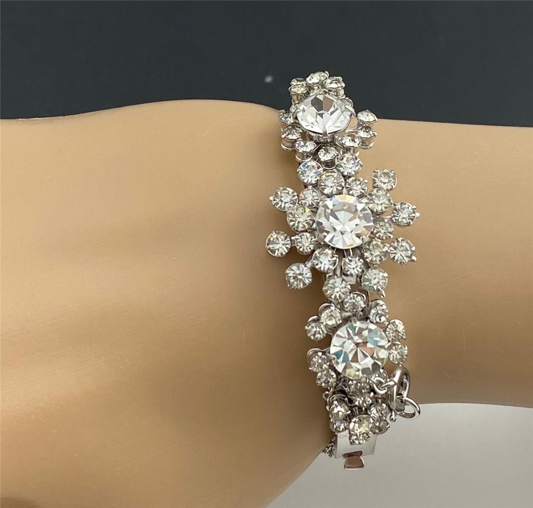 Vintage 1950’s Hinged Cuff Silver Tone Clear Rhinestones Floral Bracelet medium