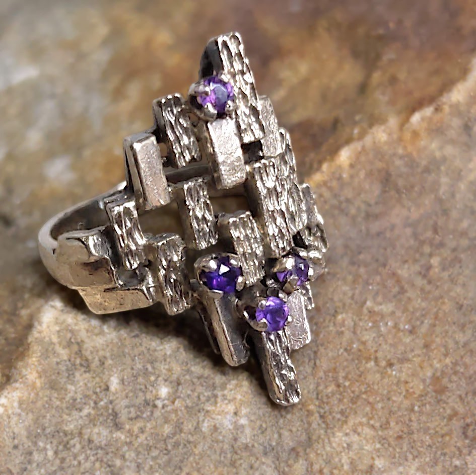 ESPO Sterling Silver Amethyst Ring Abstract Brutalist MCM Size 6 | 5.31g Vtg