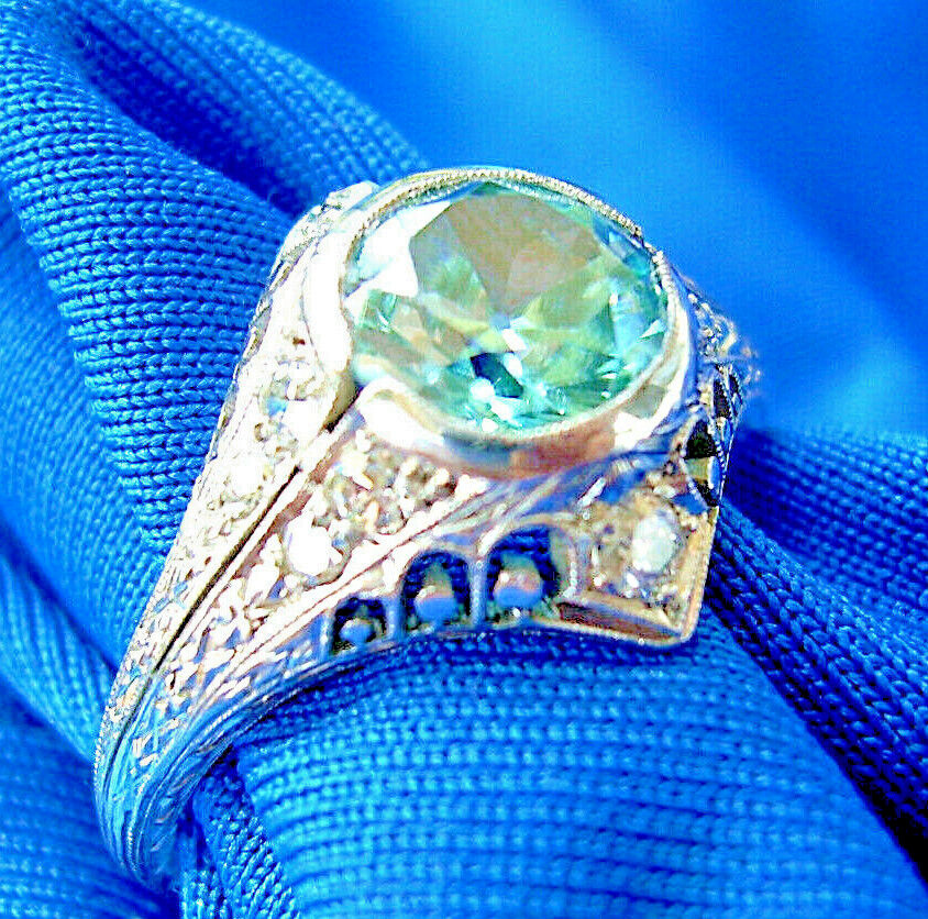 NATURAL EARTH MINED Blue Zircon DIAMOND PLATINUM ORIGINAL DECO Engagement Ring 8