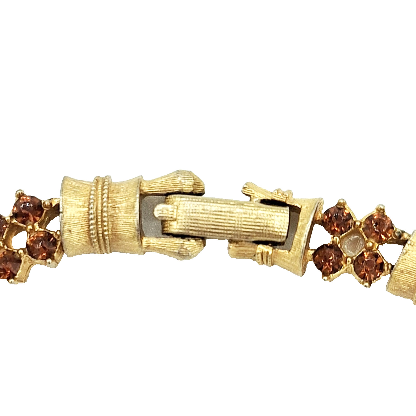 Vtg Gold Tone Link Necklace Amber Color Rhinestones Mid Century Choker 14″
