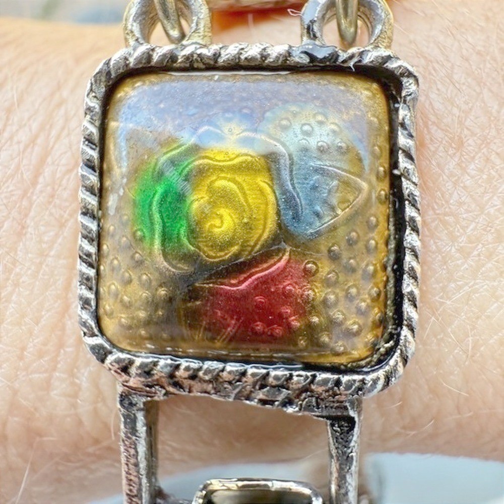 Vintage Floral Panel Link Bracelet Enamel Rose Gold Tone Boho Jewelry