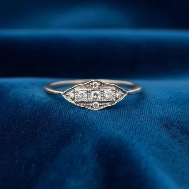 Art Deco Style Princess Lab Created Diamond Engagement 14K White Gold FN Ring