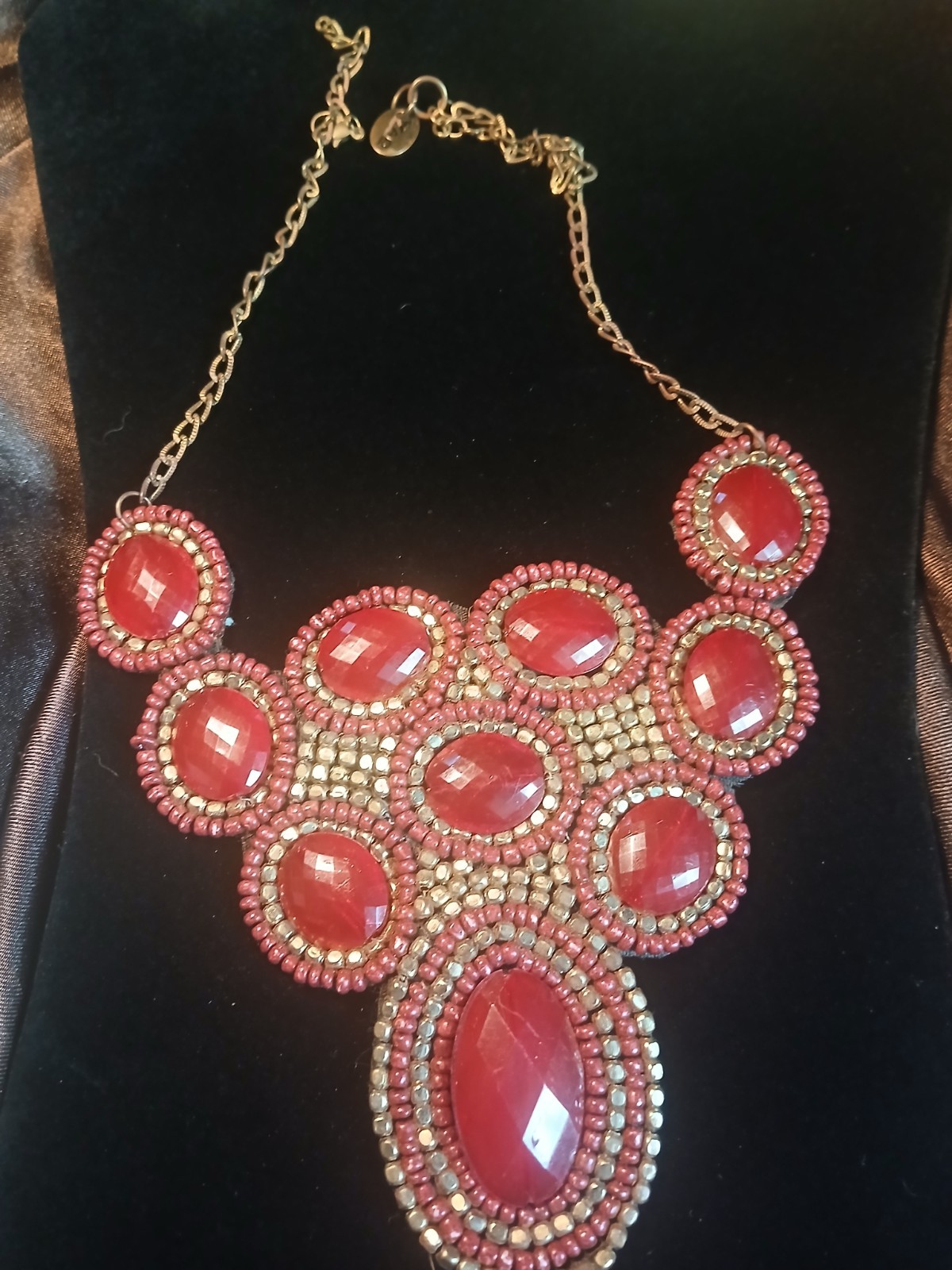 Vintage ZAD Necklace Bold Red Beads Gold Tone Boho Adjustable Signed 11-12 in