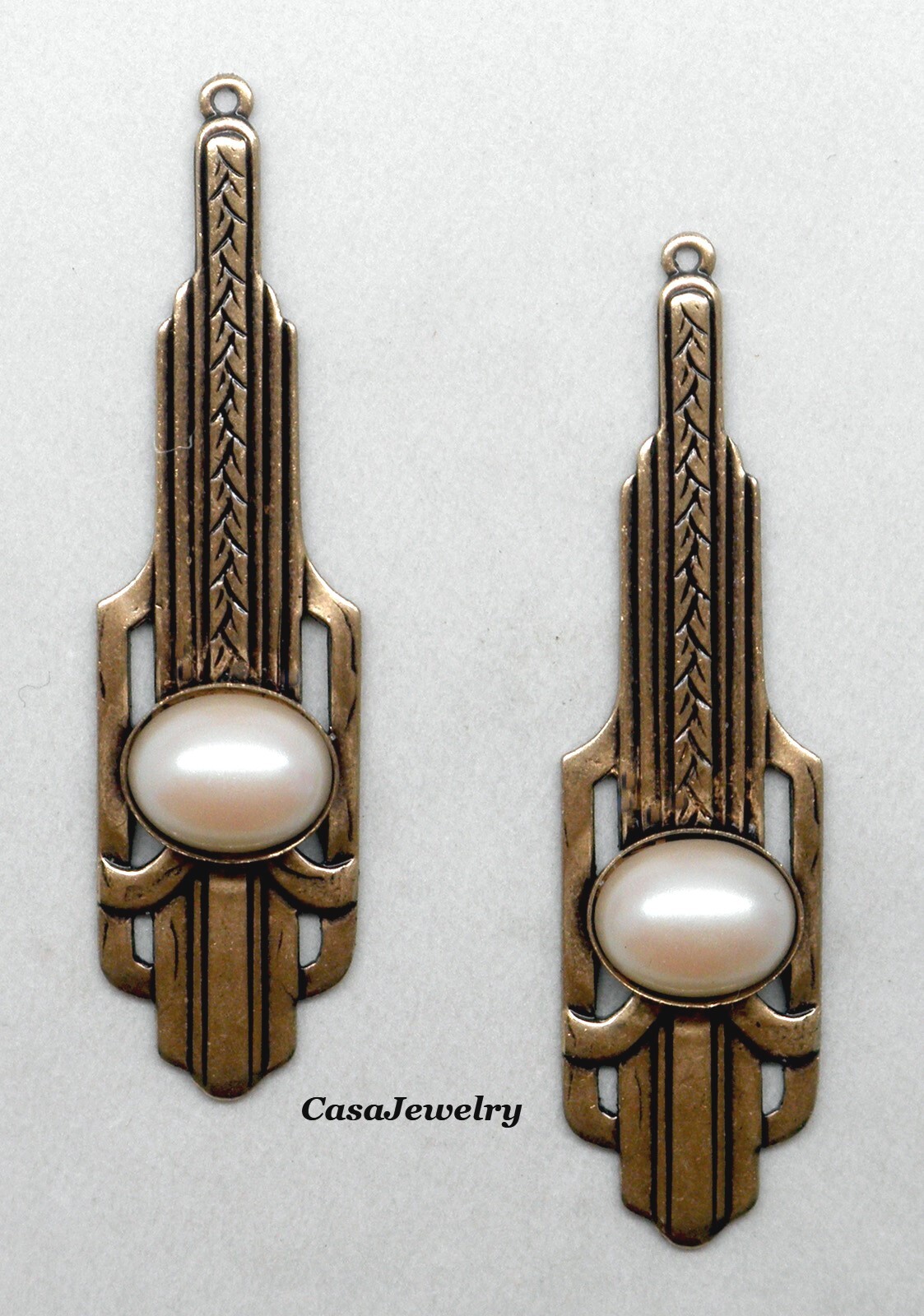 #0183PRL ANTIQUED GOLD ART DECO DROP W/10x8mm CULTURA PEARL CABOCHON- 2 Pcs