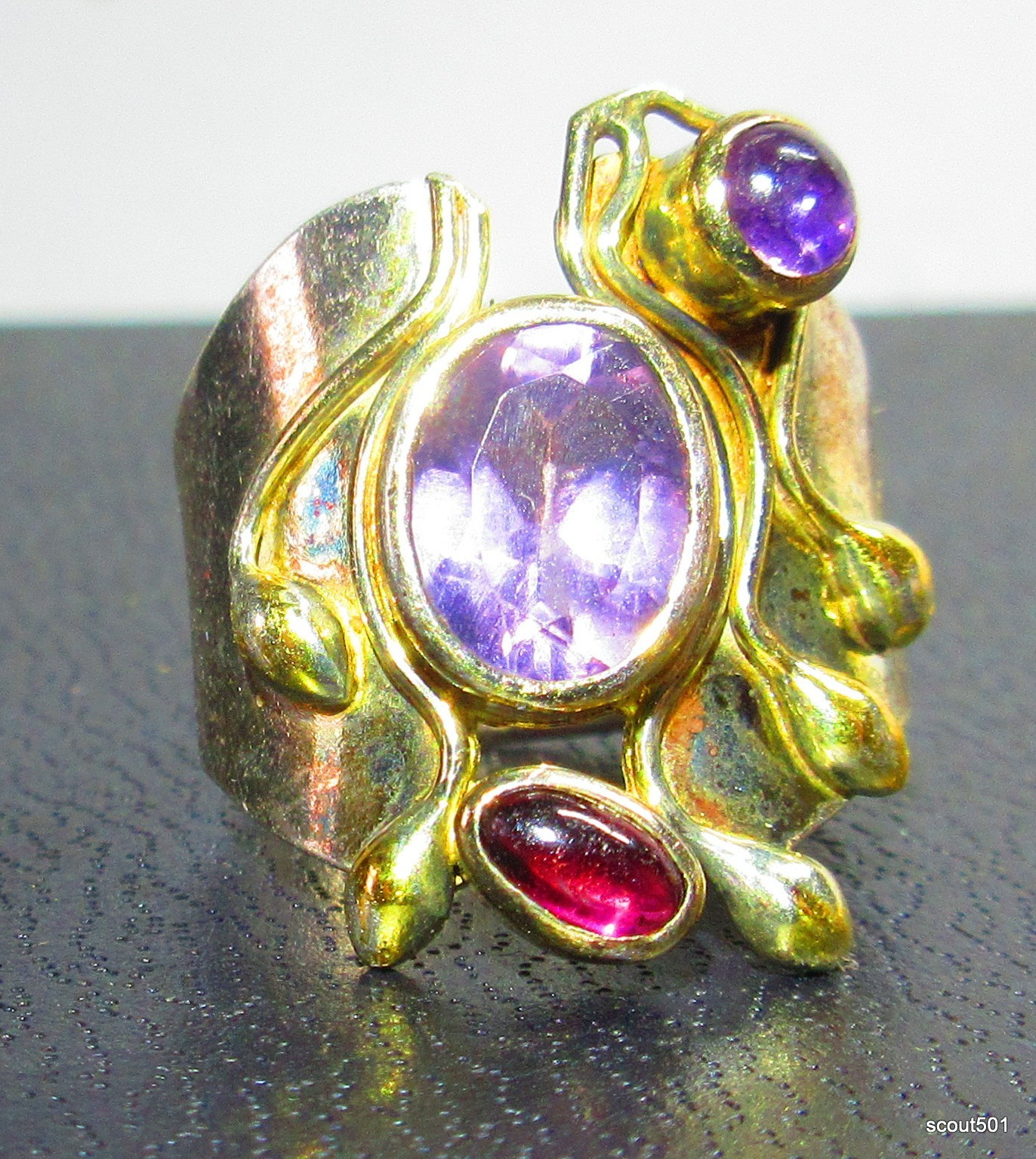 VTG Yossi Ezra Studio YES Sterling Vermeil Amethyst Garnet Modernist Ring Size 7