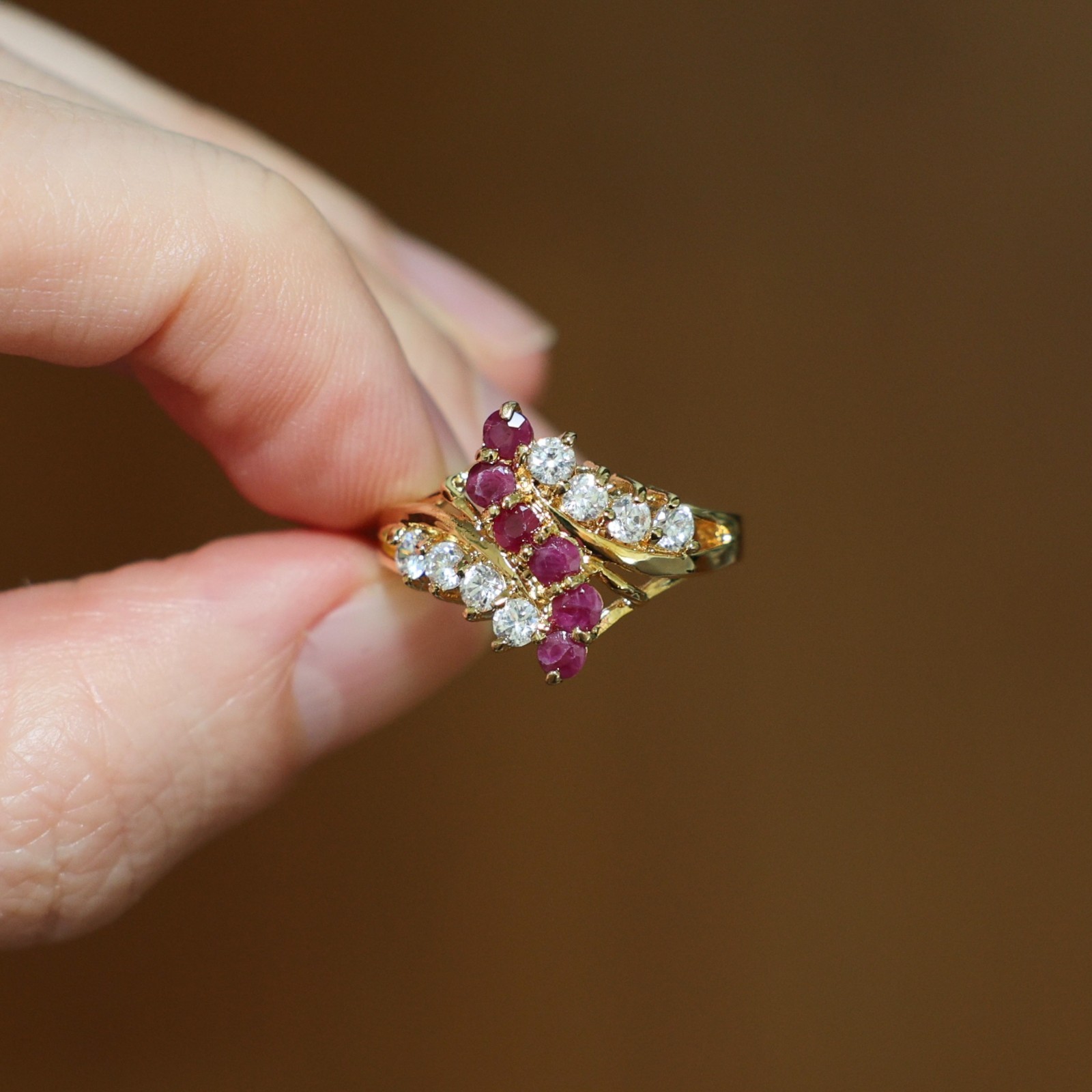 Vintage Gold Plated CZ and Genuine Natural Pink Ruby Cocktail Ring ~ Size 8 🔥
