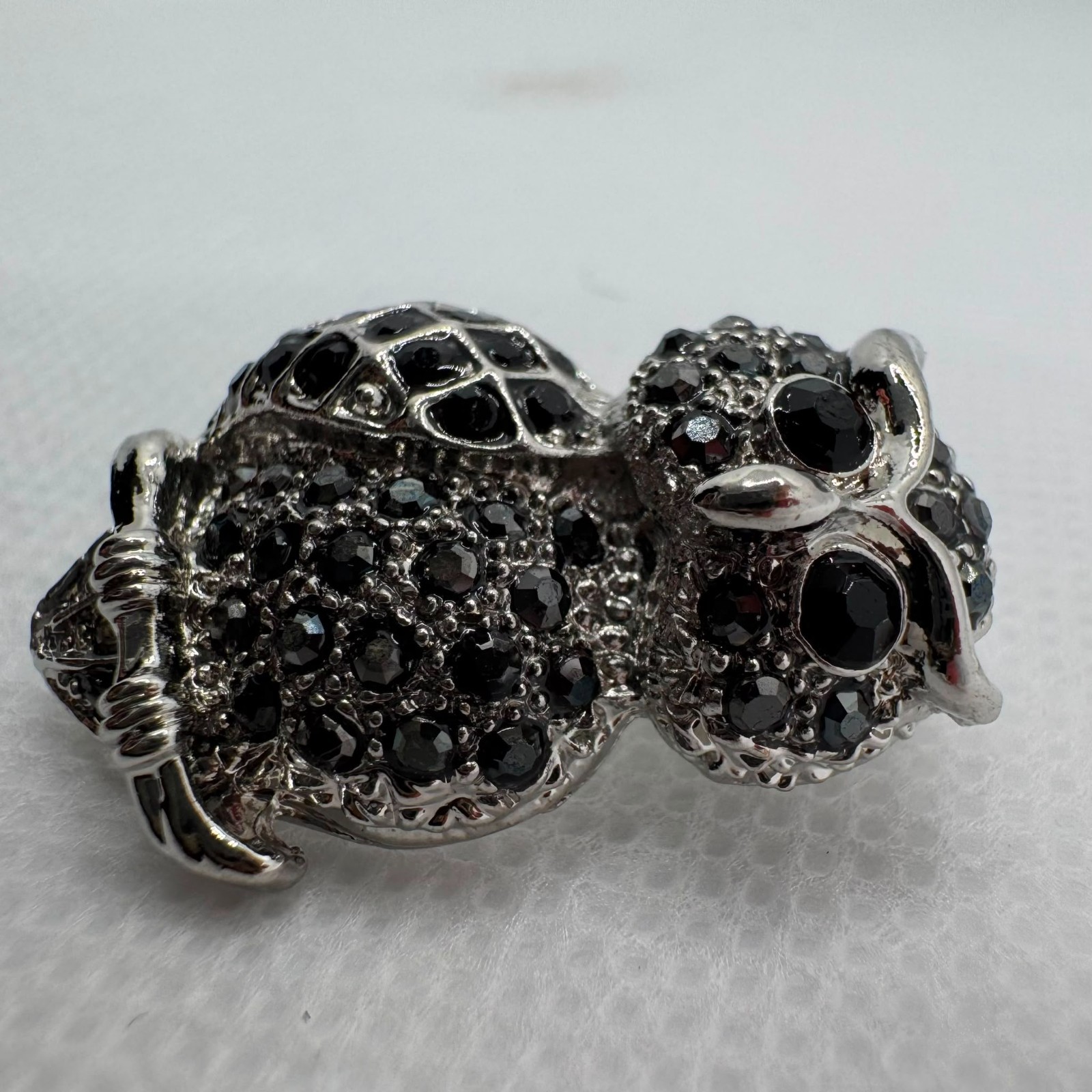 Vintage Black Crystal Owl Brooch Silver Tone Owl Pin Gift for Her
