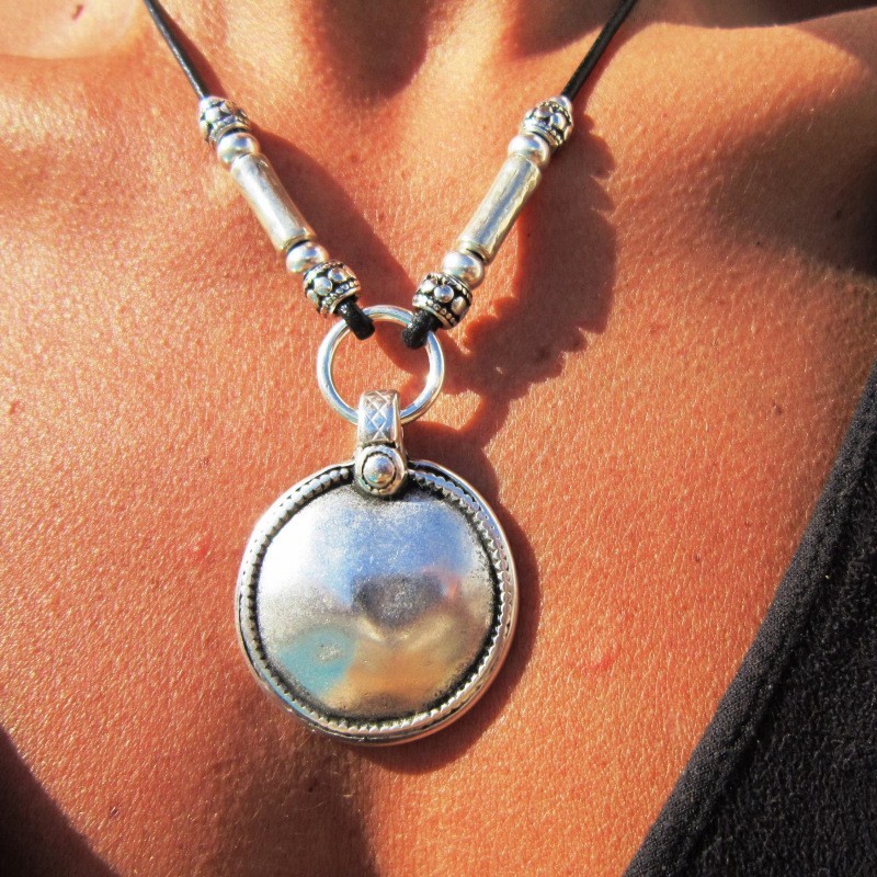 Boho Silver Tone Tribal Pendant Necklace Leather Cord Tribal Boho Tribal Choker