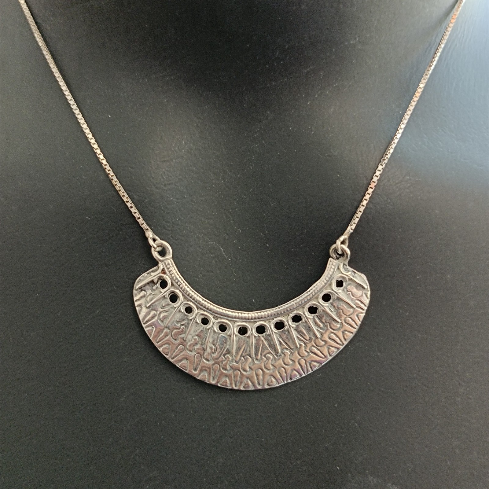 Vintage Sterling Silver Moon Crescent Necklace Ethnic Folk Inspired Engraved Bib