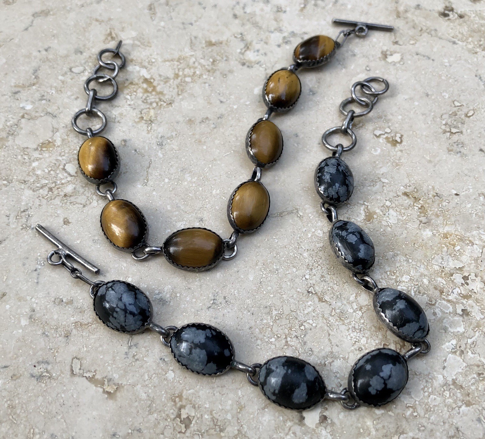 🐯🖤 ✨VINTAGE STERLING SILVER TIGER’S EYE OBSIDIAN Toggle Bracelet Set LOT ✨🖤🐯