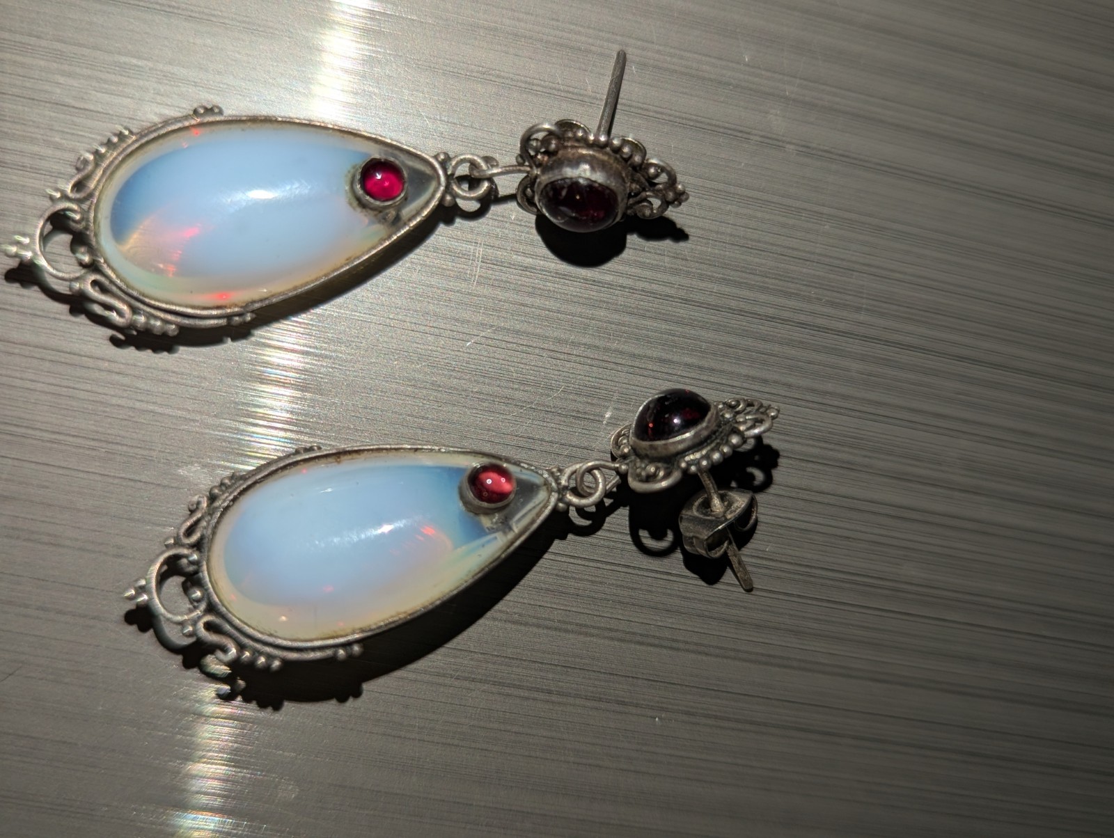 Oboline Or Moonstone and Garnet Dangle Vintage Earrings. One of A Kind Earrings