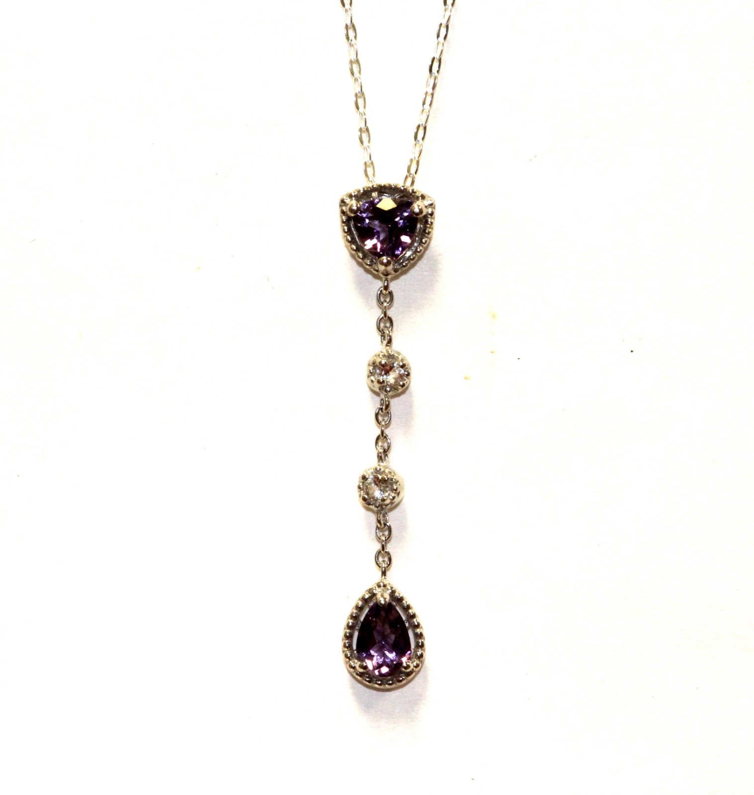 New 925 Sterling Silver amethyst created sapphire pendant necklace 3.1g dangle