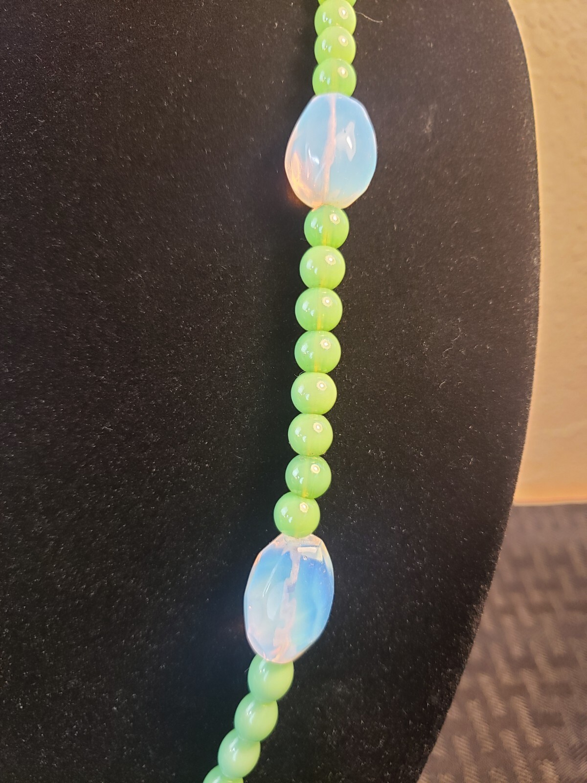 Vintage Opaline and Sage Green Glass Bead Necklace 29″