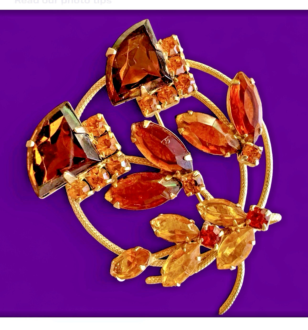 1950s Floral Spray Of Topaz And Autumnal Colors on Gold Tone Unsigned MCM