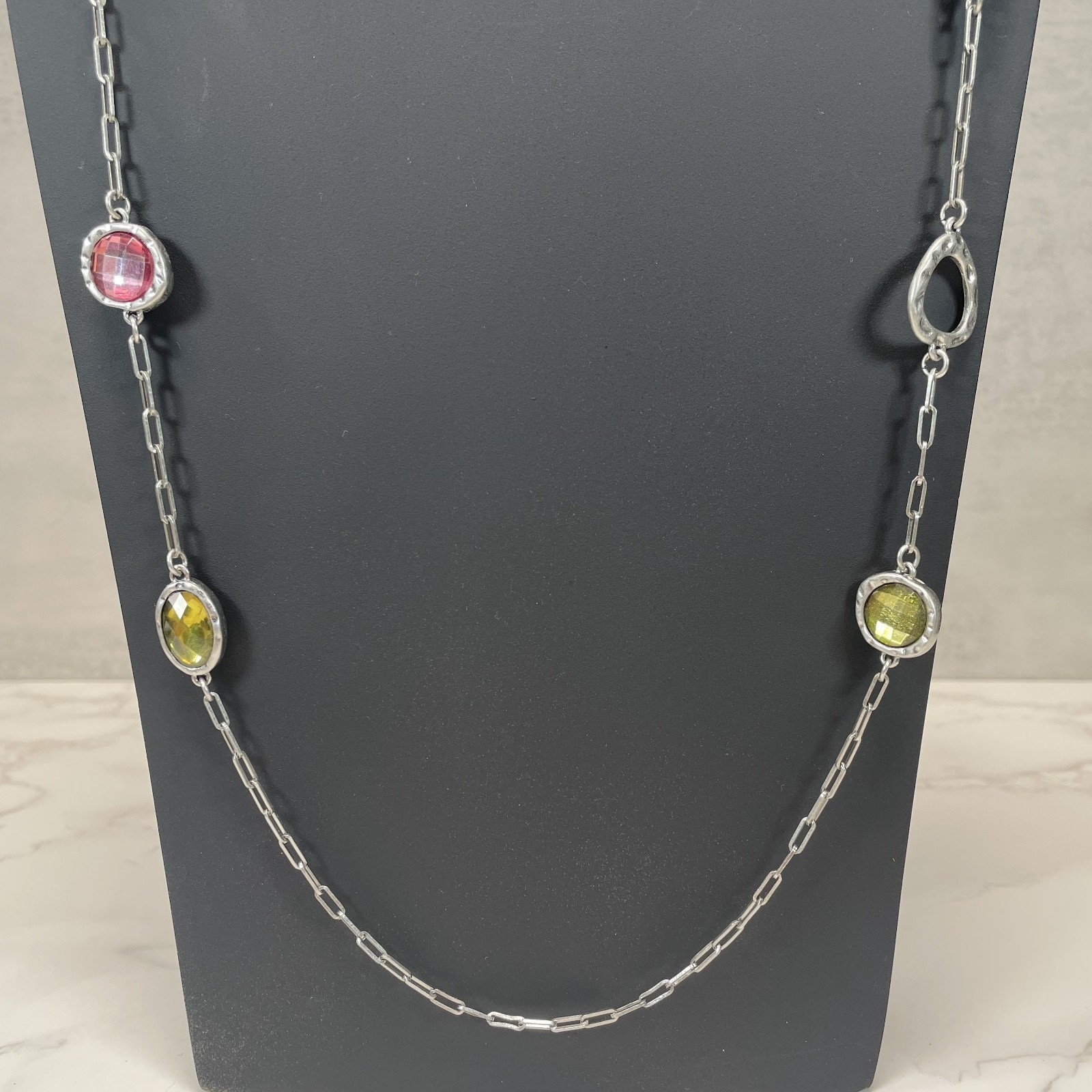 Lia Sophia Gumdrop silvertone necklace w/crystal stations in pink green & yellow