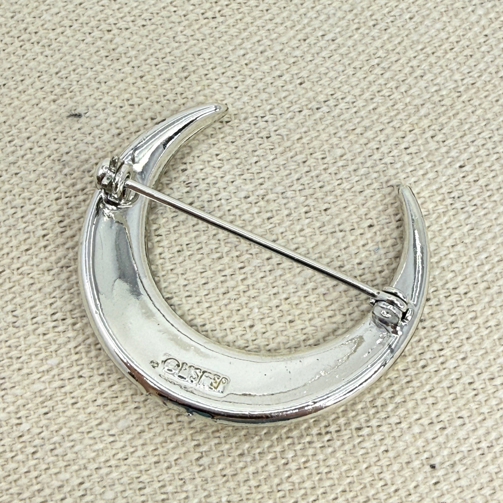 Lisner Vintage Crescent Moon Brooch Silver Tone Baguette Round Clear Rhinestone