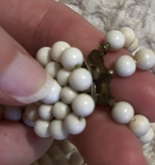 Vintage Costume Jewelry Set Bracelet Clip On Earrings White Beaded Japan Retro