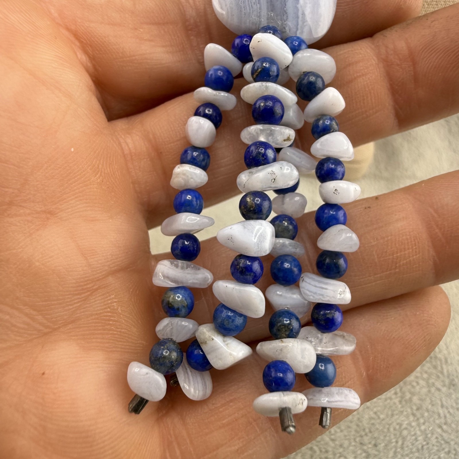 Vintage Jay King DTR Necklace Blue Lace Agate Polished Stone 18”