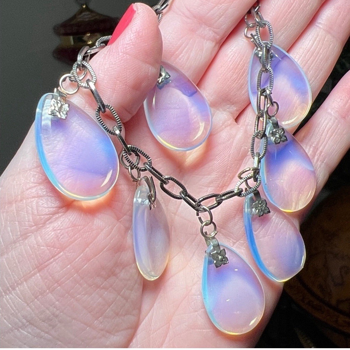 Unique Vintage French Opalescent Opaline Glass Teardrop Cha Cha Charm Bracelet