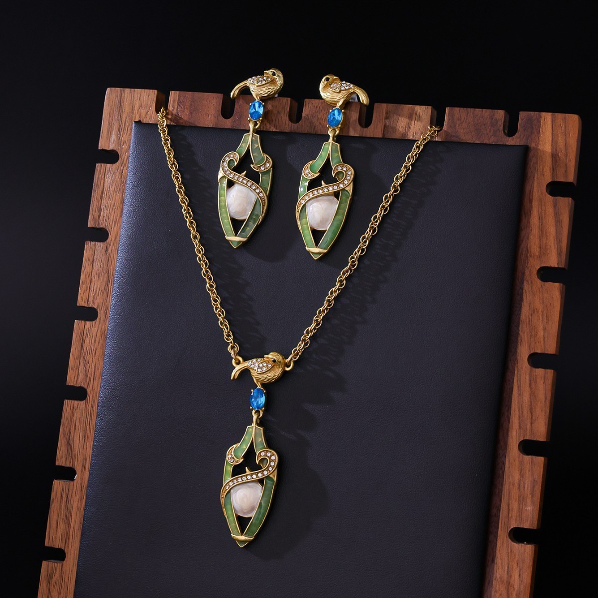Vintage Victorian Bird Set Necklace Earrings Gold Rhinestone Jewelry Gift