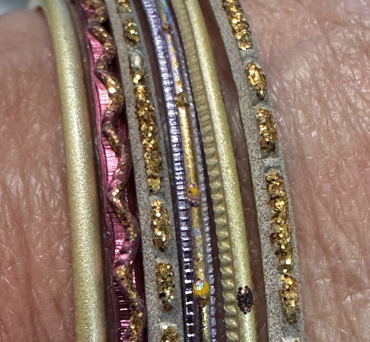 Lot of 6 Bangle Bracelets Gold Tone Stackable Boho Retro Multi Color Bollywood