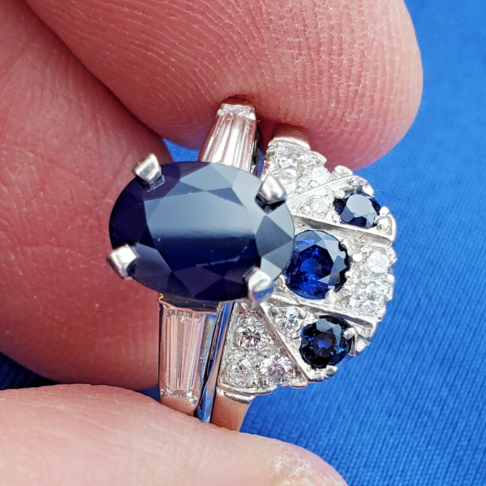 EARTH MINED SAPPHIRE DIAMON Deco Wedding Band Unique Vintage SOLID PLATINUM Ring