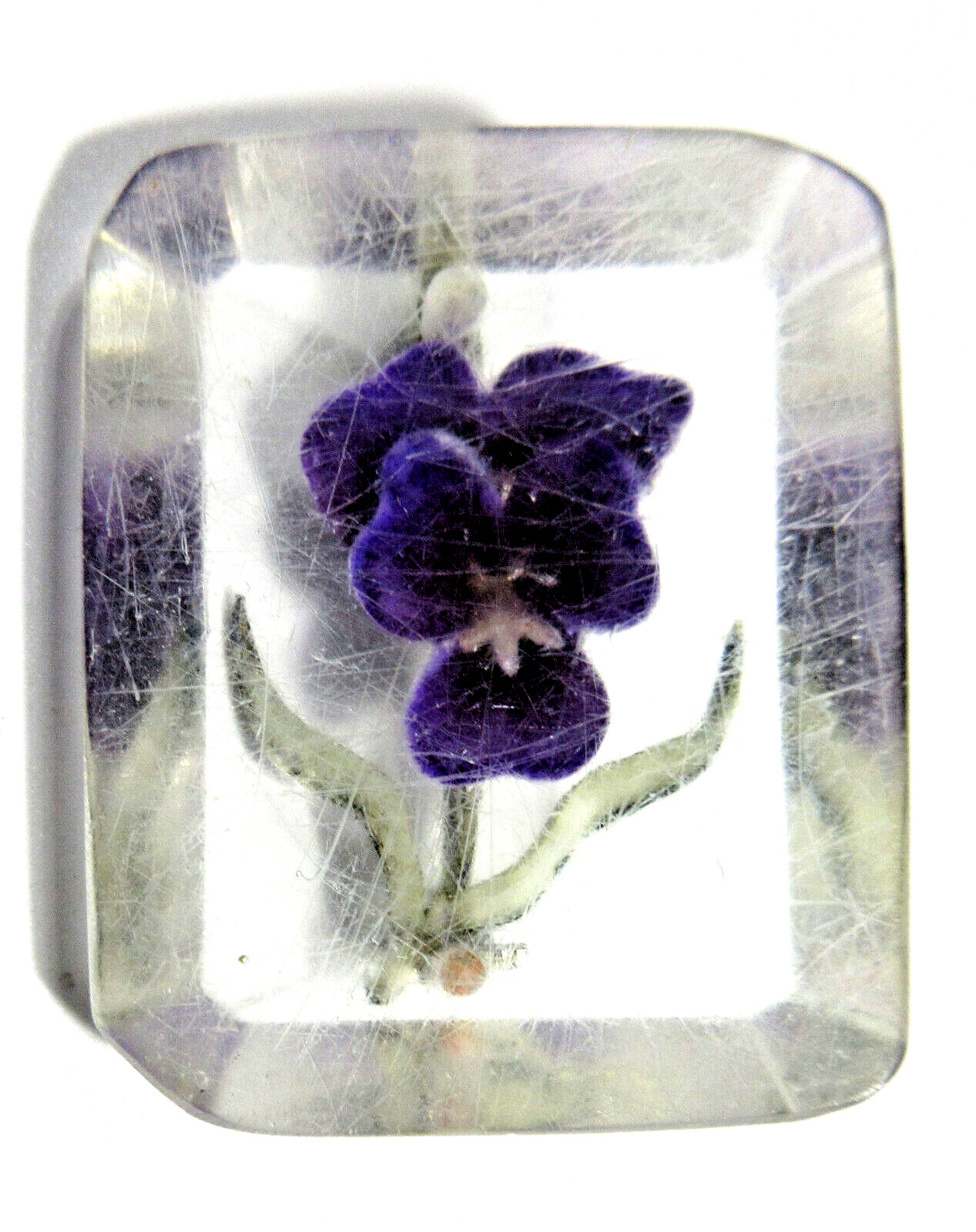 VTG ANTIQUE ? UNUSUAL OLD CLOSURE CLEAR PURPLE FLOWER GREEN LEAF BROOCH Pin
