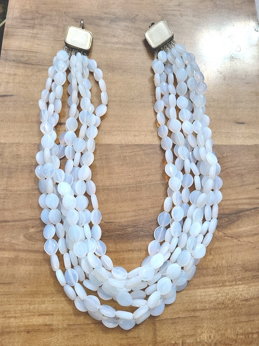 SALE! VINTAGE MULTI ROW OVAL OPAL ALABASTER GLASS BEAD CHOKER NECKLACE WOW!