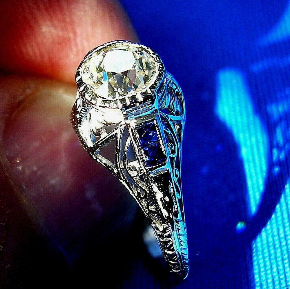 Original EARTH MINED DIAMOND Sapphire Deco Engagement Ring PLATINUM Solitaire 6