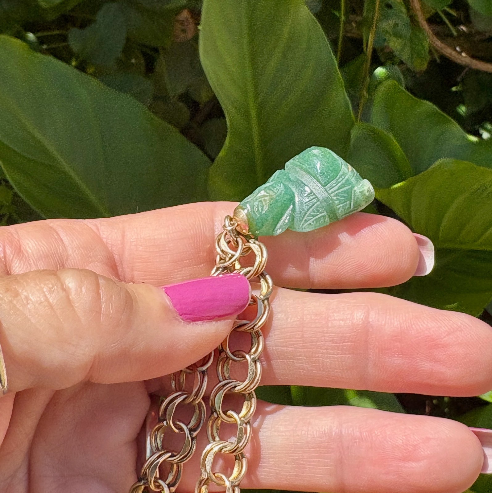 Vintage Double Link 12K 1/20 Gold Filled Green Carved Stone Charm Bracelet