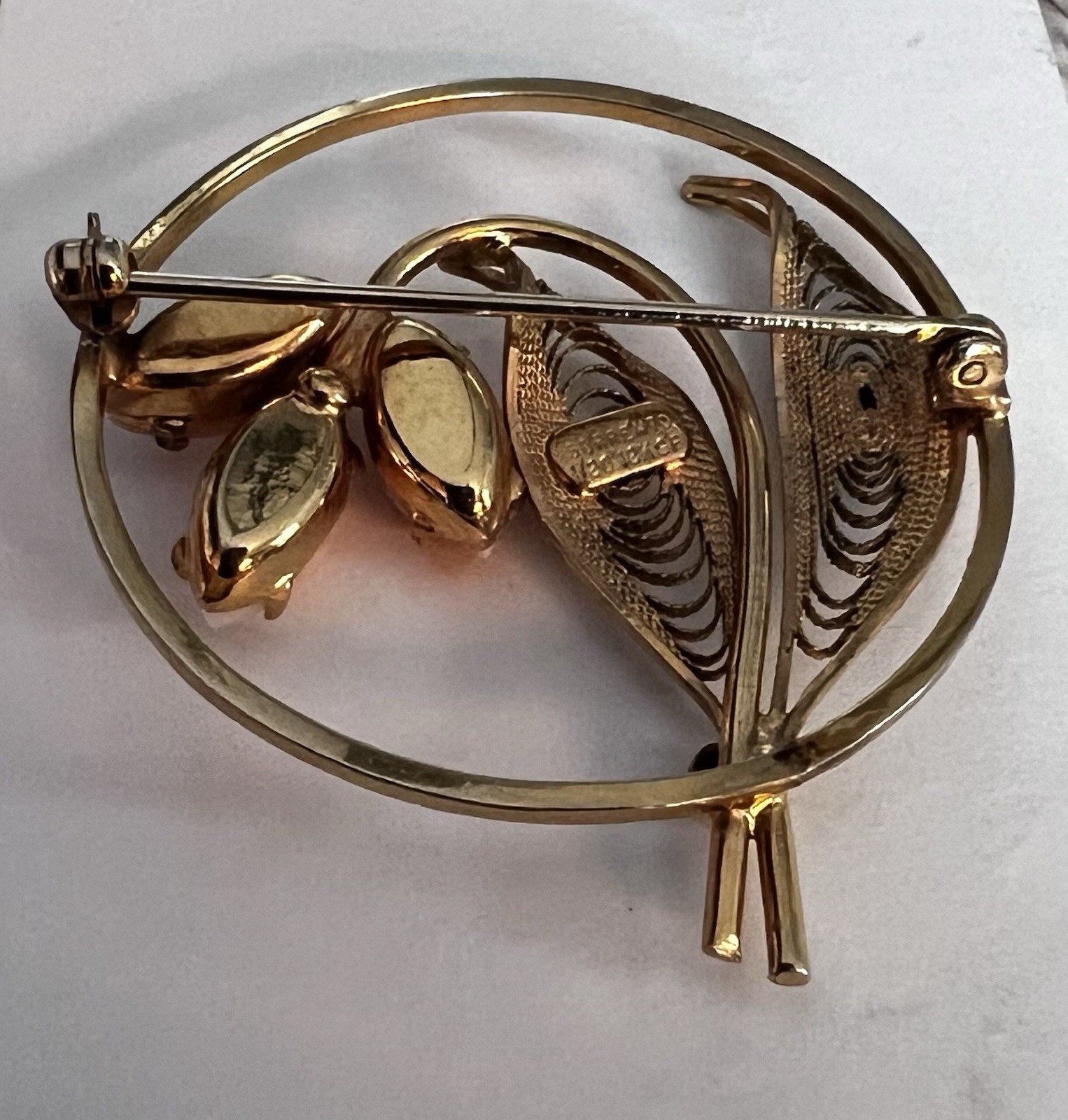 Vintage Sorrento 1/20th 12k Yellow Gold Fill GF Filigree Coral Pin Brooch 4.8g