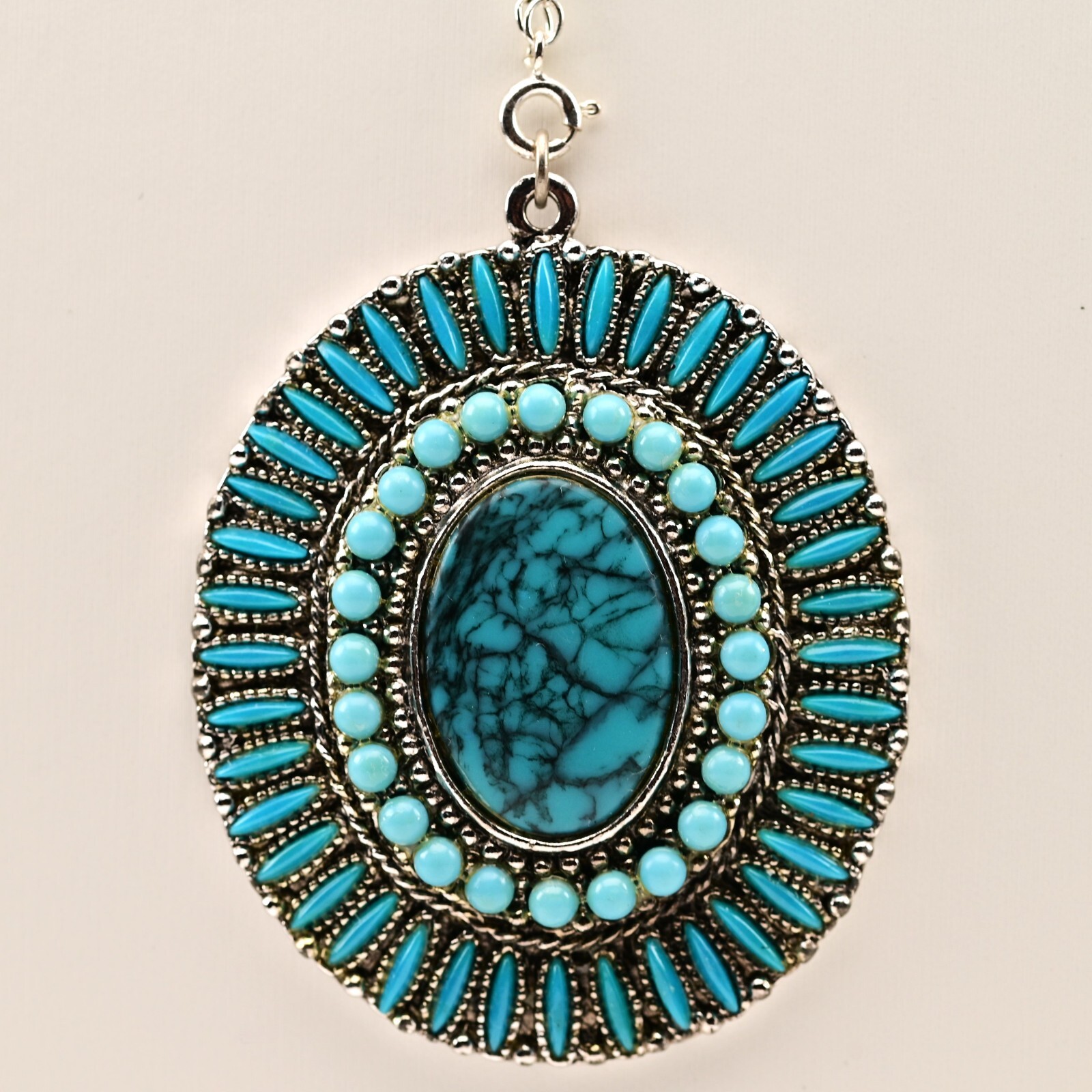 Original Vintage Native Silver Faux Turquoise Gemstone Pendant Estate Necklace