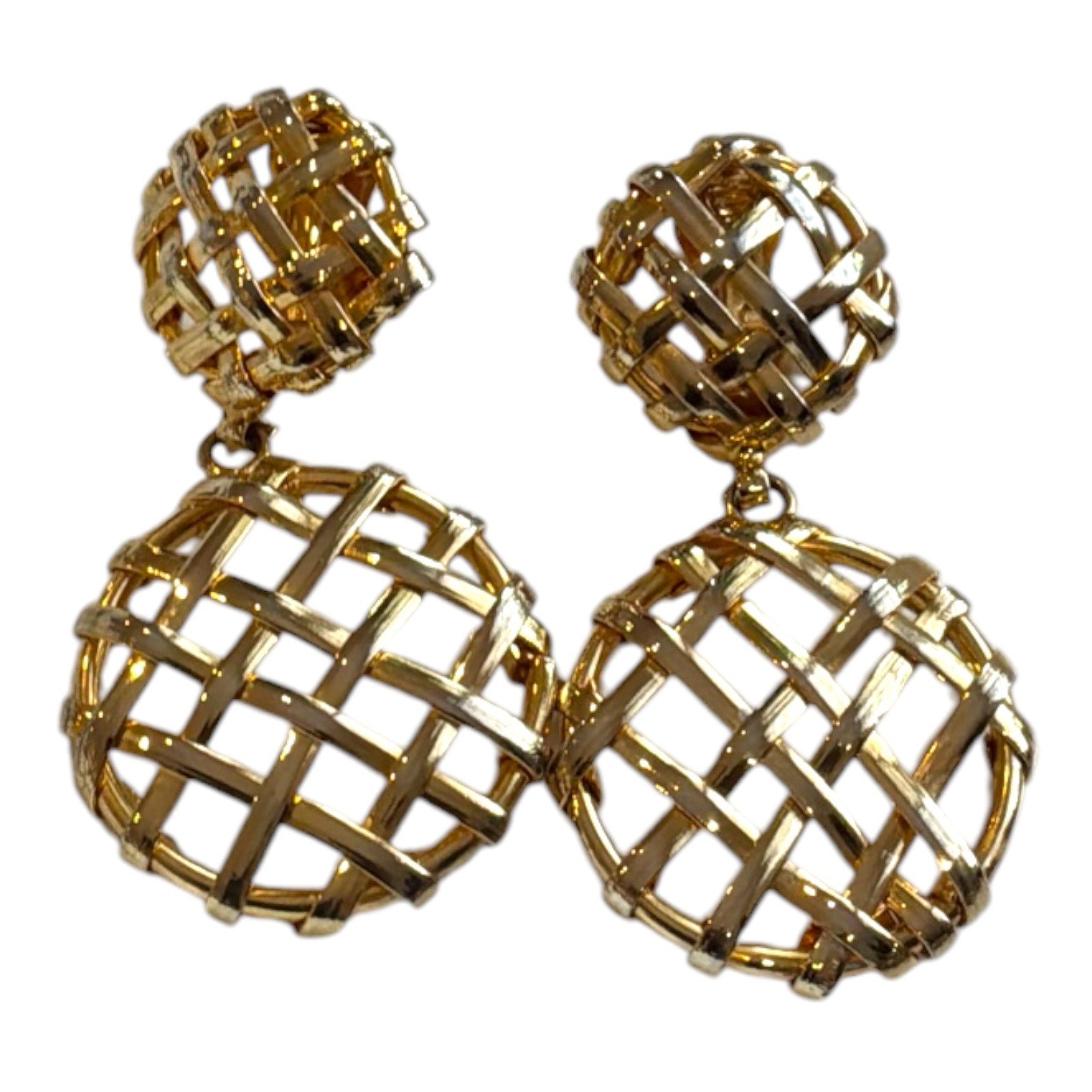 Vtg 80s Gold Tone Clip on Earrings Huge Basket Weave Dangle