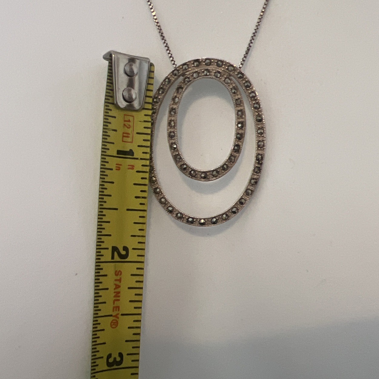 AGI Sterling Silver Double Oval Marcacite 1.5” Pendant Necklace 22” Chain ITALY