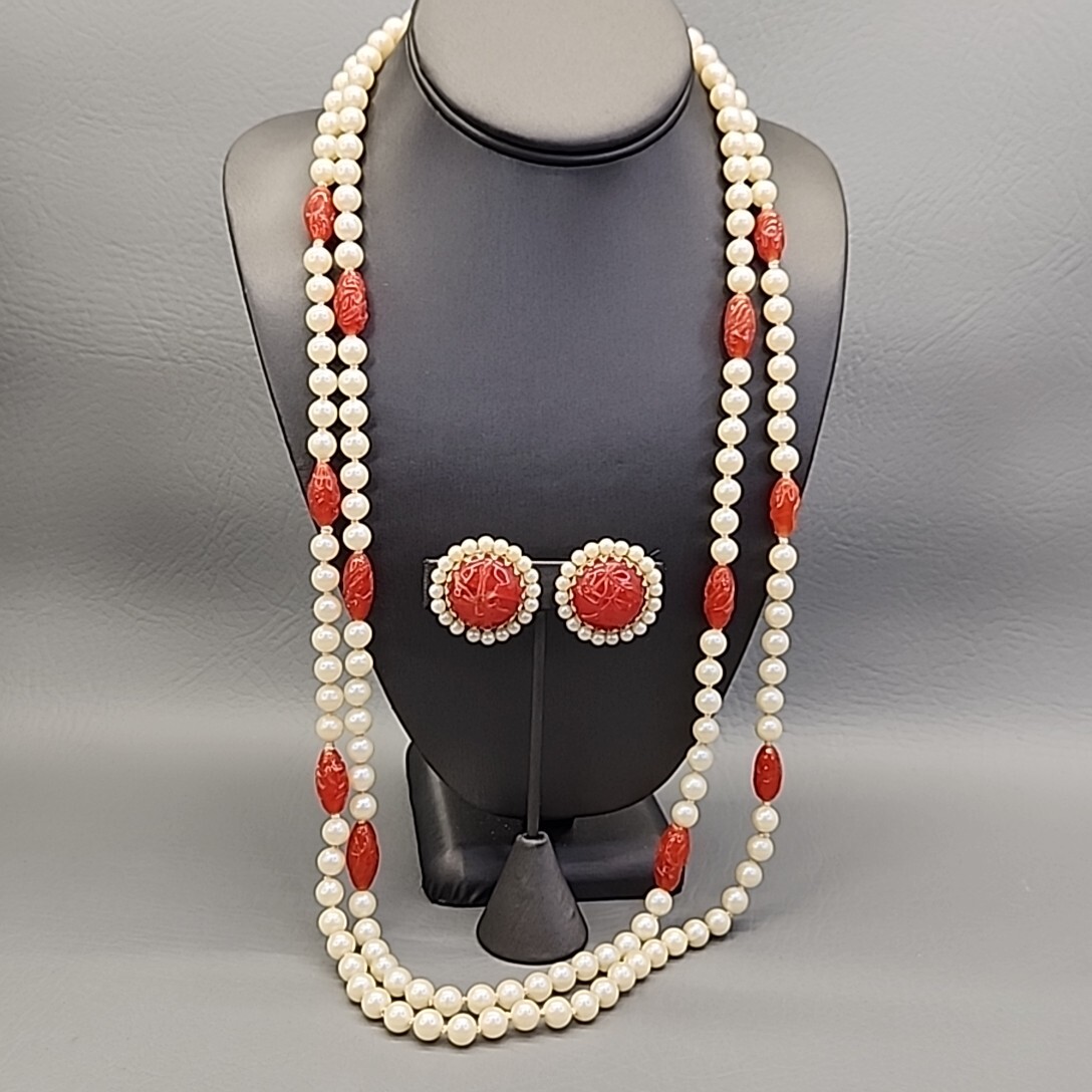 Vtg Bead Necklace Earrings Faux Pearls Layered Peach Art Glass Hong Kong 31″