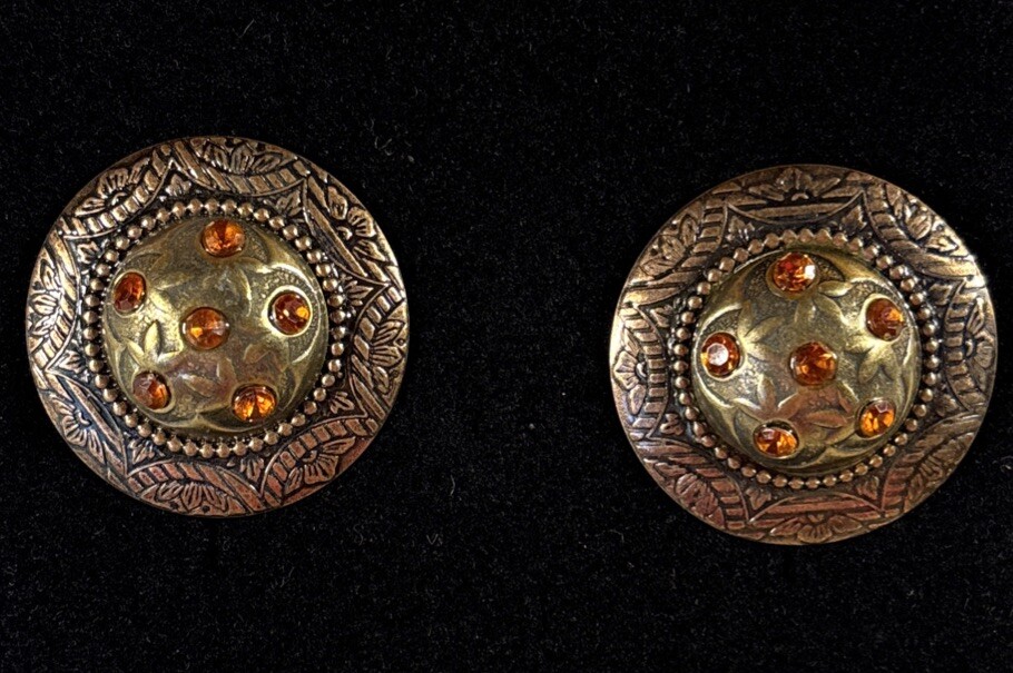 Vintage 1980s Orange Rhinestone Dome Statement Clip On Earrings Runway