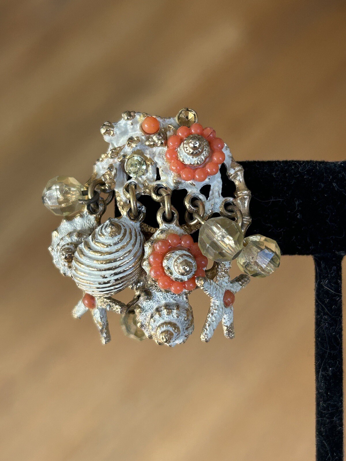 Vintage ART Arthur Pepper Clip Earrings Dangle Shells Beach AB Crystals REaD