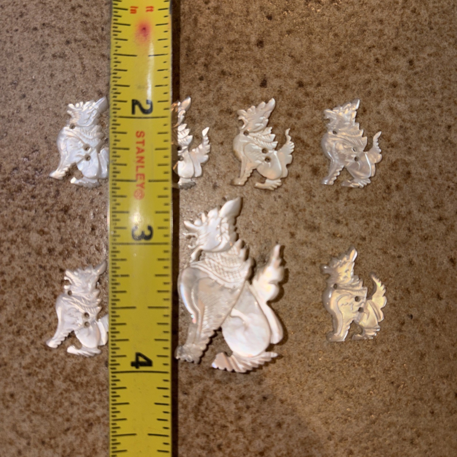 7-Qty Carved Mother Of Pearl Vintage Foo Dog Lion Brooch Pin Buttons MOP