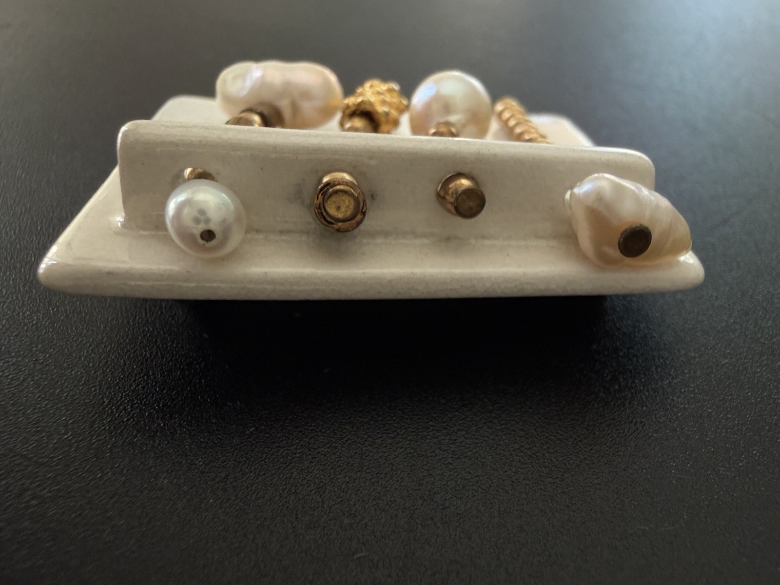 Artisan Ceramic Brooch with Dangling Freshwater Baroque Pearls Gold Beads Vtg